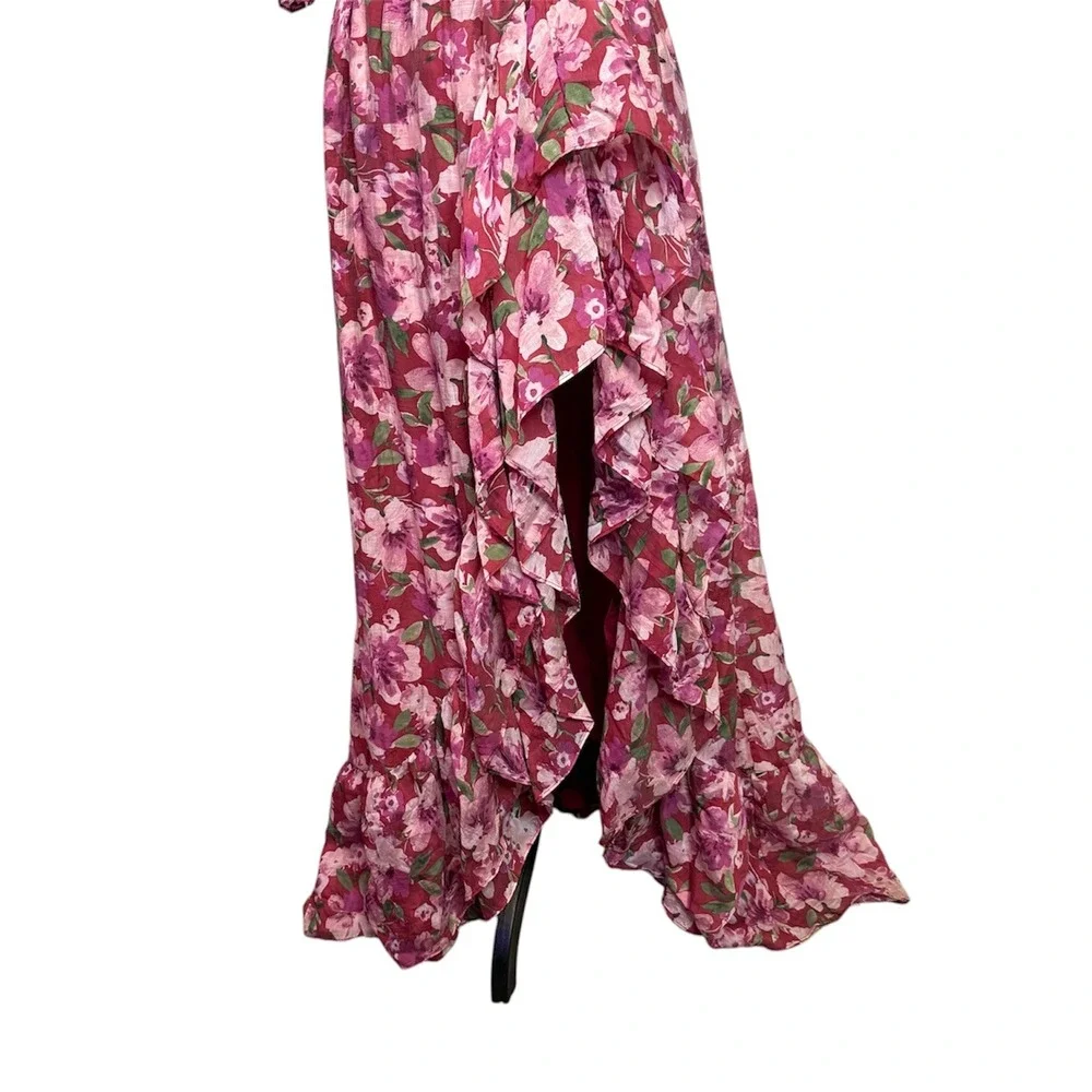 Floral Ruffle Maxi Dress Women L Sweetheart Neck Puff Sleeve Cottage Romantic